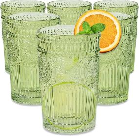 Vintage Ribbed Green Drinking Glasses Set of 6-13 oz Embossed Glass Cups for Water, Iced Tea, Cocktails - Colored Glassware for Kitchen